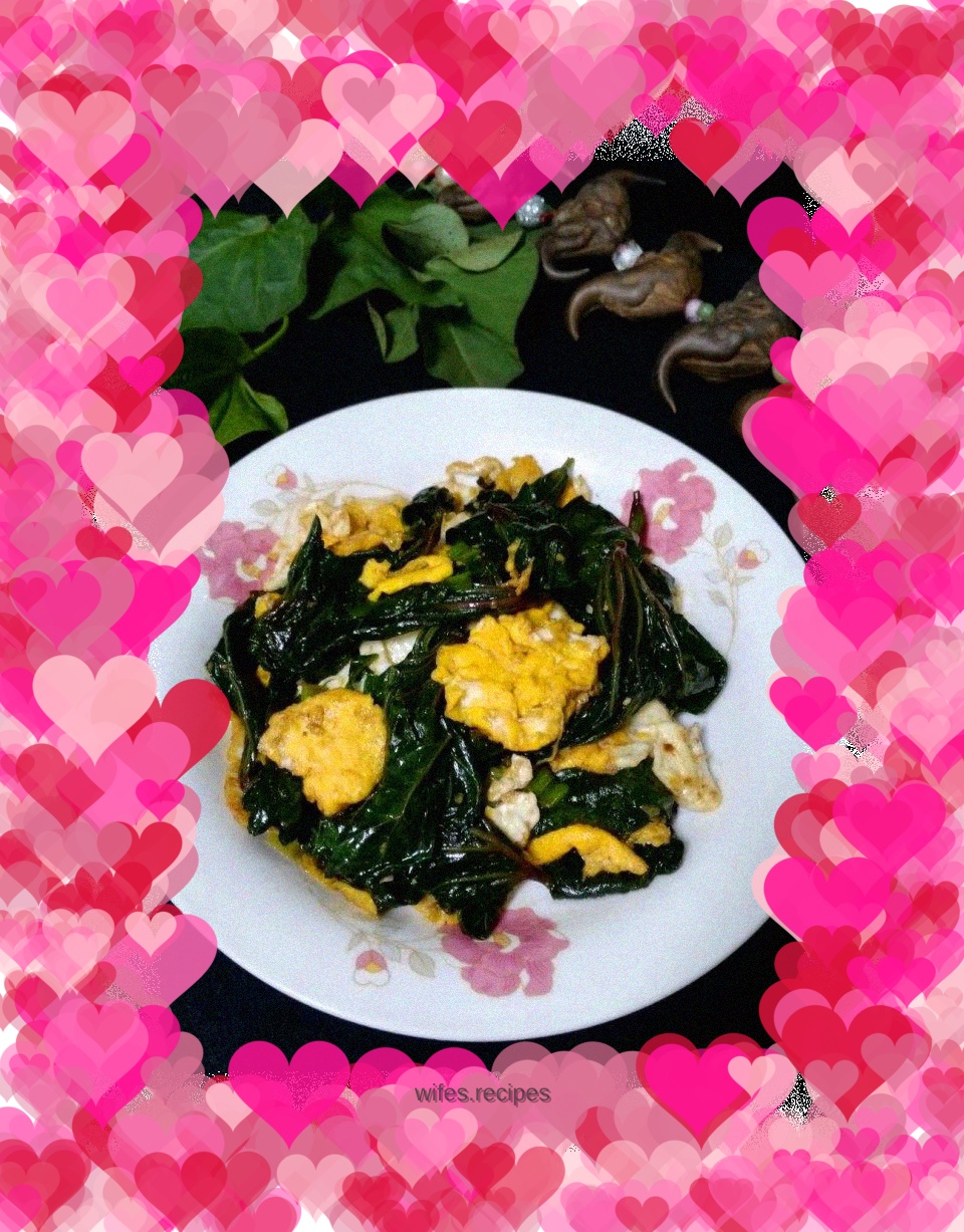 Fried eggs with sweet potato leaves and shrimp paste