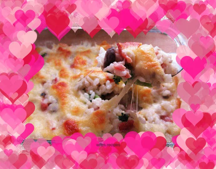 Baked rice with seasonal vegetables and bacon