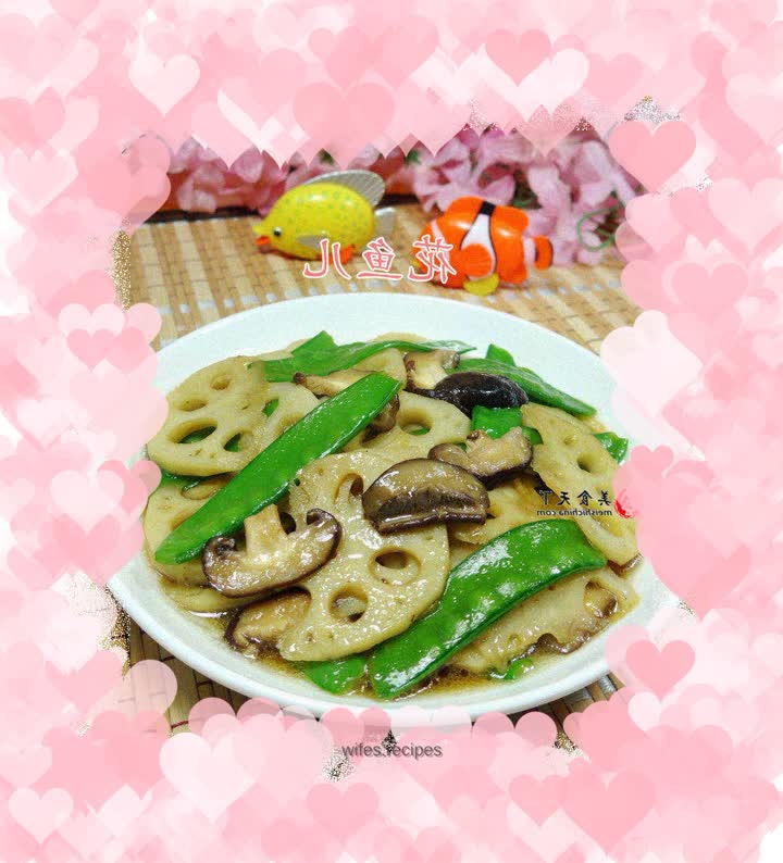 Stir-fried lotus root with mushrooms and snow peas
