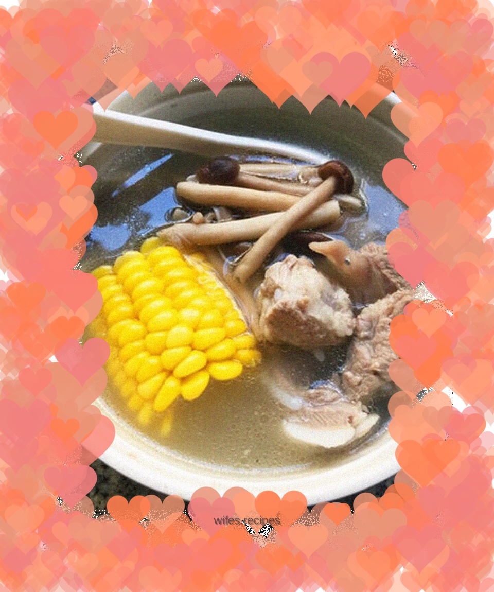 Tea tree mushroom, corn and pork ribs soup