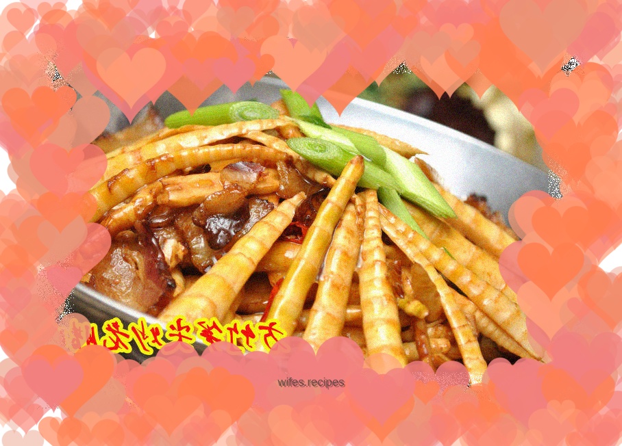 Stir-fried bacon with square bamboo shoot tips