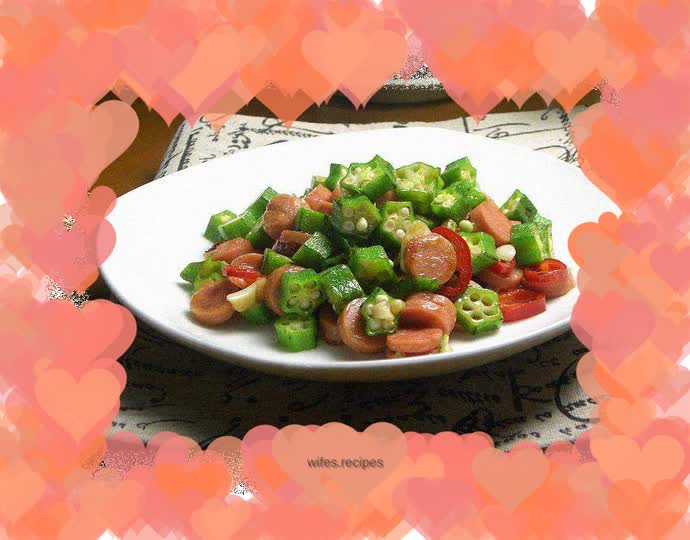 Okra fried ham sausage