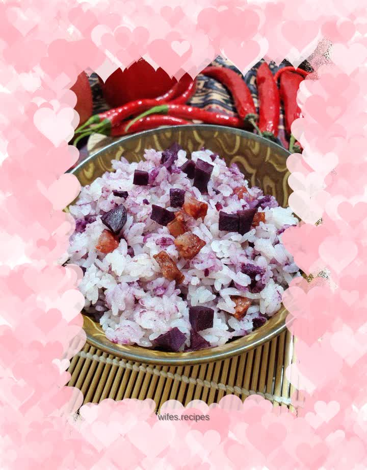 Braised Rice with Sausage and Purple Sweet Potato