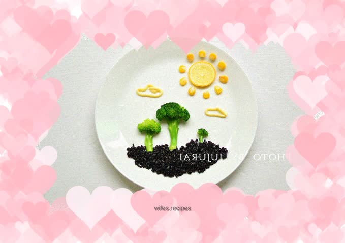 Three small trees - black rice broccoli