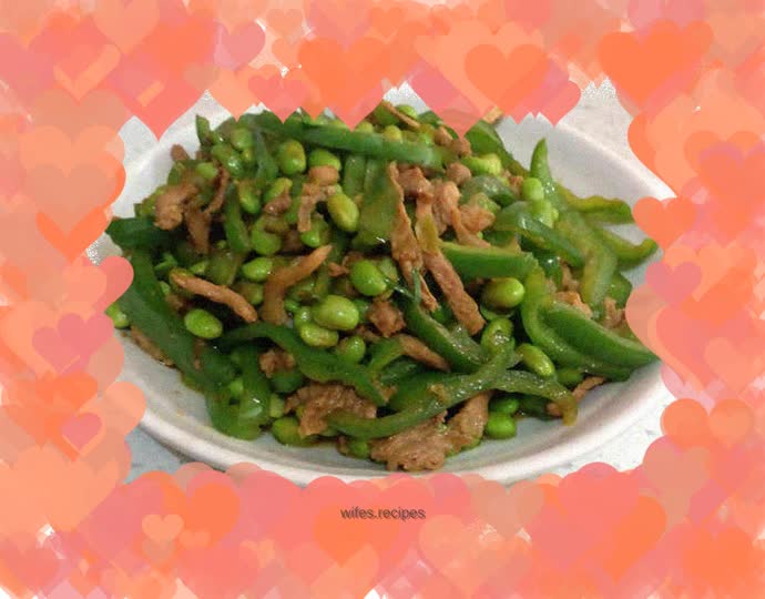 Shredded pork with green pepper and edamame