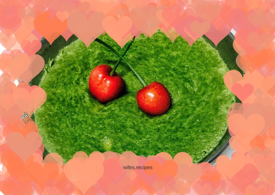 Dessert after meal, green sauce, milk and egg custard