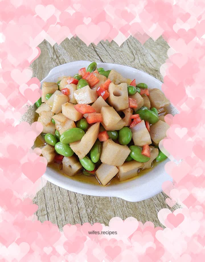 Green onion and diced lotus root mixed with edamame